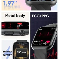 696 MT500 Smart Watch 1.97 inch Smart Band Fitness Bracelet Bluetooth ECG+PPG Temperature Monitoring Pedometer Compatible with Android iOS Men Hands-Free Calls Message Reminder Camera Control IP 67