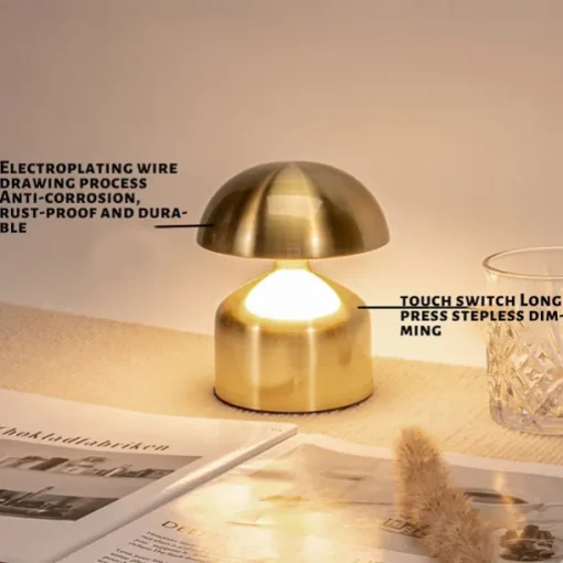 5.5" Mushroom Shaped Table Lamp Metal Rechargeable with 3-color Dimming Indoor Bedroom Living Room Atmosphere Table Lamp