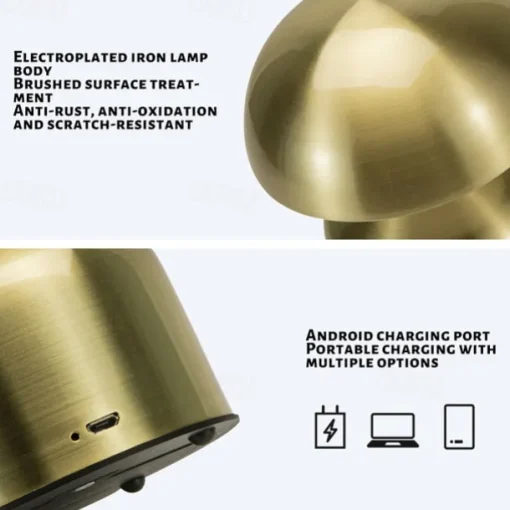 5.5" Mushroom Shaped Table Lamp Metal Rechargeable with 3-color Dimming Indoor Bedroom Living Room Atmosphere Table Lamp