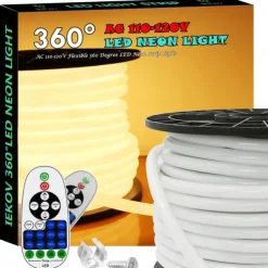 360 Neon Light LED Strip AC110 16-100 ft Flexible/Waterproof/ Dimmable Timing Warm White LED Rope Lightremote Control Suitable for Home/Garden/Building Decoration DIY Decor US Plug