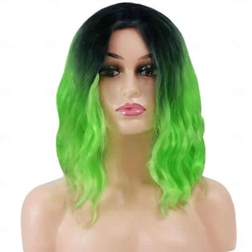 14" Ombre Green Short Bob Wavy Curly Wig, Lime Neon Green Heat Resistant Synthetic Wig for Cosplay, Shoulder Length Middle Part Wig for St Patrick's Day Daily Costume Party St.Patrick's Day Wigs