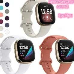 4 Pack 3 Pack Smart Watch Band Compatible with Fitbit Versa 4 Sense 2 Versa 3 Sense Soft Silicone Smartwatch Strap Adjustable Women Men Sport Band Replacement Wristband