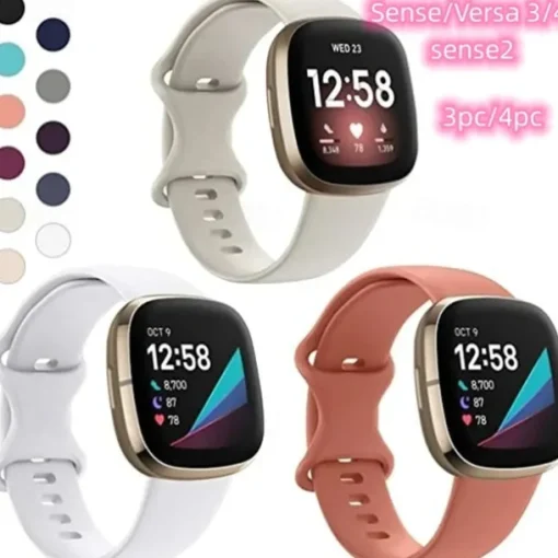 4 Pack 3 Pack Smart Watch Band Compatible with Fitbit Versa 4 Sense 2 Versa 3 Sense Soft Silicone Smartwatch Strap Adjustable Women Men Sport Band Replacement Wristband