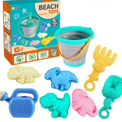 8 Pack Collapsible Foldable Beach Sand Buckets and Shovels Set - Beach Toys for Kids with Sand Molds Silicone Beach Sand Pails for Travel Kids and Toddlers