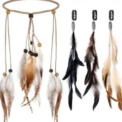 3 Pack Feather Hair Clips and 1 Boho Feather Headband Hippie Hair Extensions with Clip Comb Set for Women Mardi Gras Cosplay Costume Carnival Party Headdress Accessory Gifts