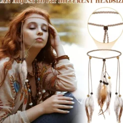 3 Pack Feather Hair Clips and 1 Boho Feather Headband Hippie Hair Extensions with Clip Comb Set for Women Mardi Gras Cosplay Costume Carnival Party Headdress Accessory Gifts