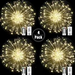 4 Pack Firework Lights Christmas Lights Decorations Starburst LED Copper Wire String Lights 8 Modes Battery Operated Fairy Lights with Remote Wedding Christmas Decorative Hanging Lights for Party Patio Garden Decoration120/200Led