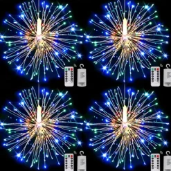 4 Pack Firework Lights Christmas Lights Decorations Starburst LED Copper Wire String Lights 8 Modes Battery Operated Fairy Lights with Remote Wedding Christmas Decorative Hanging Lights for Party Patio Garden Decoration120/200Led
