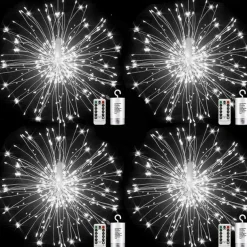 4 Pack Firework Lights Christmas Lights Decorations Starburst LED Copper Wire String Lights 8 Modes Battery Operated Fairy Lights with Remote Wedding Christmas Decorative Hanging Lights for Party Patio Garden Decoration120/200Led