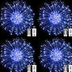 4 Pack Firework Lights Christmas Lights Decorations Starburst LED Copper Wire String Lights 8 Modes Battery Operated Fairy Lights with Remote Wedding Christmas Decorative Hanging Lights for Party Patio Garden Decoration120/200Led