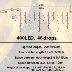 1 Pack Icicle Christmas Lights, 10M 400 LED 8 Modes and Timer With 60 Drops, Icicle Christmas Lights with Timer, Waterproof Connectable Outdoor String Lights for Holiday, Wedding, Christmas