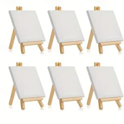 6 Pack Mini Canvas And Easel Set Mini Canvas Panels Mini Wood Easels Canvas Size Is 4 X 4 Easel Size Is 3.1 X 5.9 For Kids Painting Oil Painting And Diy Doodle