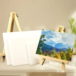 6 Pack Mini Canvas And Easel Set Mini Canvas Panels Mini Wood Easels Canvas Size Is 4 X 4 Easel Size Is 3.1 X 5.9 For Kids Painting Oil Painting And Diy Doodle