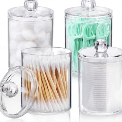 4 PACK Qtip Holder Dispenser for Cotton Ball Cotton Swab Cotton Round Pads Floss Picks - Small Clear Plastic Apothecary Jar Set for Bathroom Canister Storage Organization Vanity Makeup Organizer