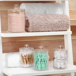 4 PACK Qtip Holder Dispenser for Cotton Ball Cotton Swab Cotton Round Pads Floss Picks - Small Clear Plastic Apothecary Jar Set for Bathroom Canister Storage Organization Vanity Makeup Organizer
