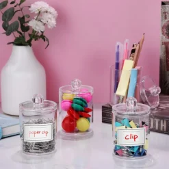 4 PACK Qtip Holder Dispenser for Cotton Ball Cotton Swab Cotton Round Pads Floss Picks - Small Clear Plastic Apothecary Jar Set for Bathroom Canister Storage Organization Vanity Makeup Organizer