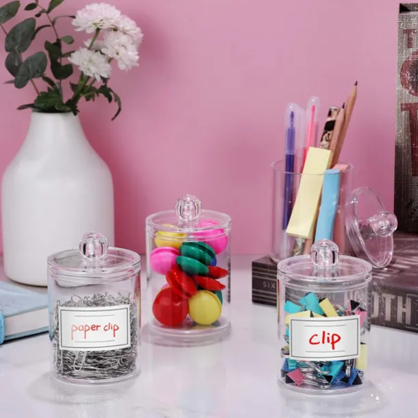 4 PACK Qtip Holder Dispenser for Cotton Ball Cotton Swab Cotton Round Pads Floss Picks - Small Clear Plastic Apothecary Jar Set for Bathroom Canister Storage Organization Vanity Makeup Organizer