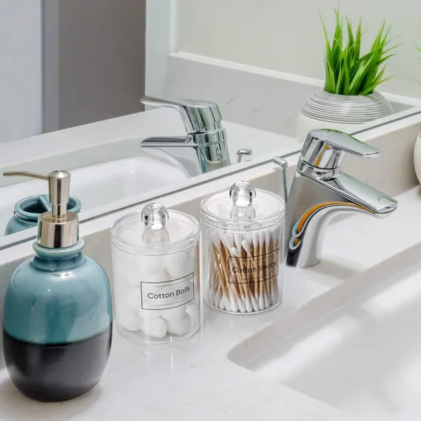 4 PACK Qtip Holder Dispenser for Cotton Ball Cotton Swab Cotton Round Pads Floss Picks - Small Clear Plastic Apothecary Jar Set for Bathroom Canister Storage Organization Vanity Makeup Organizer