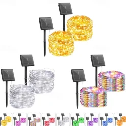 2 Pack Solar String Lights Christmas Lights Decoration Outdoor 12m 120LEDs Fairy Copper Wire Lights with 8 Modes Waterproof Decoration Copper Wire Lights for Patio Yard Trees Christmas Wedding Party