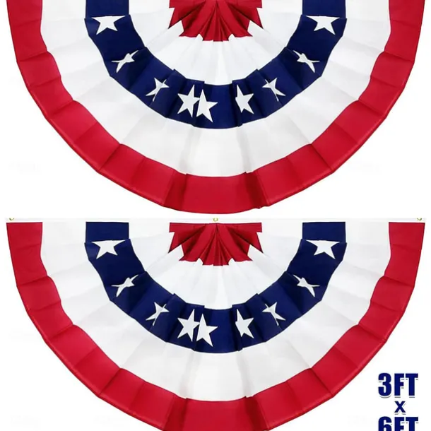 2 Pack USA Patriotic Pleated Fan Flags 3x6 Feet 4th of July Independence Day Large American Flags Bunting Patriotic Stars Stripes Pleated Fan USA Flag Banners Red White Blue Decorations