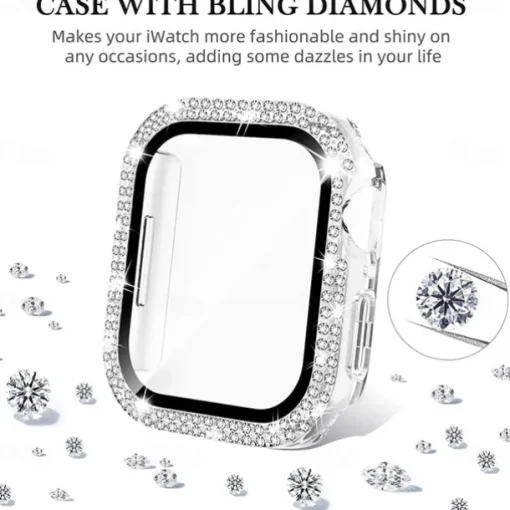 2 Pack Watch Case with Screen Protector Compatible with Apple Watch Series 8 7 41mm 45mm / Series 6 5 4 SE 40mm 44mm / Series 3 2 1 38mm 42mm Scratch Resistant Bling Diamond HD Clear Tempered Glass
