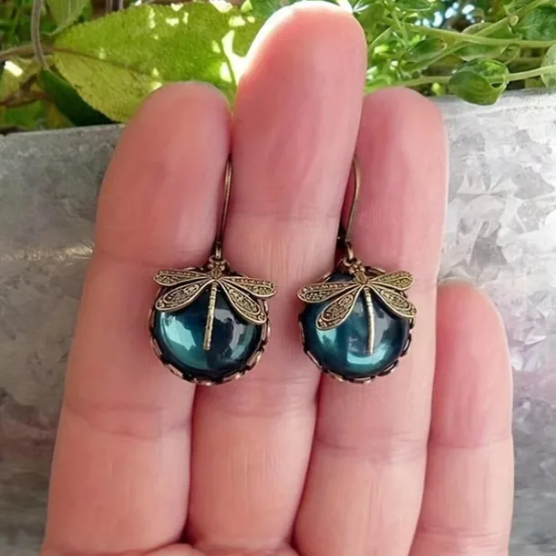 1 Pair Vintage Dragonfly Green Crystal Dangle Earrings, Boho Earrings, Jewelry Packs, Mother's Day Gifts, Birthday Gifts, Holiday Gifts, Woman Girl Gifts, Party Favors