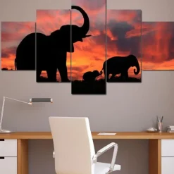 5 Panels Animals Prints Gracious Elephants Modern Wall Art Wall Hanging Gift Home Decoration Rolled Canvas Unframed Unstretched Painting Core