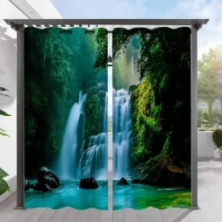 2 Panels Outdoor Curtain Privacy Waterproof, Sliding Patio Curtain Drapes, Pergola Curtains Grommet 3D Forest Landscape For Gazebo, Balcony, Porch, Party