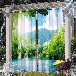 2 Panels Outdoor Curtain Privacy Waterproof, Sliding Patio Curtain Drapes, Pergola Curtains Grommet 3D Landscape For Gazebo, Balcony, Porch, Party, Hotel