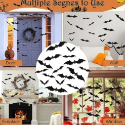 72 Pcs Bats Wall Decor Halloween Decorations, 3D Bat Stickers for Home Decor 4 Size Scary Black Spooky Bats Party Supplies