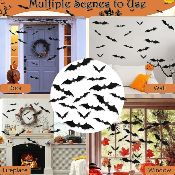 72 Pcs Bats Wall Decor Halloween Decorations, 3D Bat Stickers for Home Decor 4 Size Scary Black Spooky Bats Party Supplies