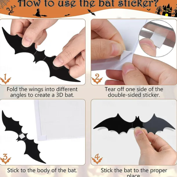 72 Pcs Bats Wall Decor Halloween Decorations, 3D Bat Stickers for Home Decor 4 Size Scary Black Spooky Bats Party Supplies