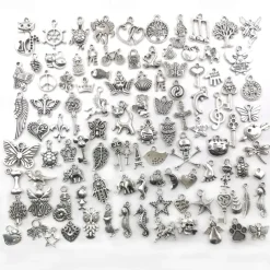 100 PCS Bulk Lots Jewelry Making Silver Charms Mixed Smooth Tibetan Silver Metal Charms Pendants DIY For Necklace Bracelet Jewelry Making And Crafting