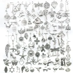 100 PCS Bulk Lots Jewelry Making Silver Charms Mixed Smooth Tibetan Silver Metal Charms Pendants DIY For Necklace Bracelet Jewelry Making And Crafting