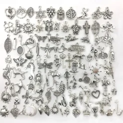 100 PCS Bulk Lots Jewelry Making Silver Charms Mixed Smooth Tibetan Silver Metal Charms Pendants DIY For Necklace Bracelet Jewelry Making And Crafting