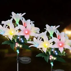 2 Pcs LED Outdoor Solar Lights Lily Simulation Flower Ground Insertion Lamp 7 Head Flowers 42 Beads Courtyard Garden Lawn Path Festival Wedding Party Atmosphere Decoration Lights