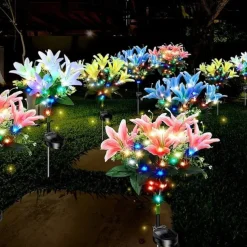 2 Pcs LED Outdoor Solar Lights Lily Simulation Flower Ground Insertion Lamp 7 Head Flowers 42 Beads Courtyard Garden Lawn Path Festival Wedding Party Atmosphere Decoration Lights