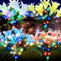 2 Pcs LED Outdoor Solar Lights Lily Simulation Flower Ground Insertion Lamp 7 Head Flowers 42 Beads Courtyard Garden Lawn Path Festival Wedding Party Atmosphere Decoration Lights