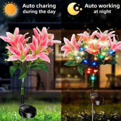 2 Pcs LED Outdoor Solar Lights Lily Simulation Flower Ground Insertion Lamp 7 Head Flowers 42 Beads Courtyard Garden Lawn Path Festival Wedding Party Atmosphere Decoration Lights