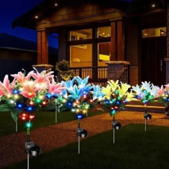 2 Pcs LED Outdoor Solar Lights Lily Simulation Flower Ground Insertion Lamp 7 Head Flowers 42 Beads Courtyard Garden Lawn Path Festival Wedding Party Atmosphere Decoration Lights