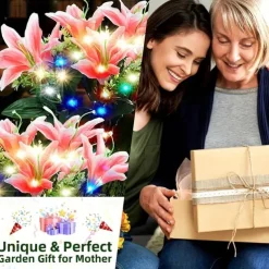 2 Pcs LED Outdoor Solar Lights Lily Simulation Flower Ground Insertion Lamp 7 Head Flowers 42 Beads Courtyard Garden Lawn Path Festival Wedding Party Atmosphere Decoration Lights