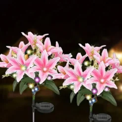2 Pcs LED Outdoor Solar Lights Lily Simulation Flower Ground Insertion Lamp 7 Head Flowers 42 Beads Courtyard Garden Lawn Path Festival Wedding Party Atmosphere Decoration Lights