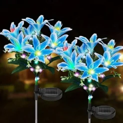 2 Pcs LED Outdoor Solar Lights Lily Simulation Flower Ground Insertion Lamp 7 Head Flowers 42 Beads Courtyard Garden Lawn Path Festival Wedding Party Atmosphere Decoration Lights