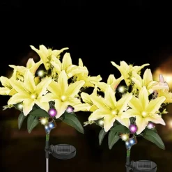 2 Pcs LED Outdoor Solar Lights Lily Simulation Flower Ground Insertion Lamp 7 Head Flowers 42 Beads Courtyard Garden Lawn Path Festival Wedding Party Atmosphere Decoration Lights