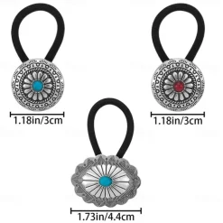 6 PCS Metal Western Style Ponytail Holders Boho Hair Ties Flower Circular Hair Ropes Vintage Squash Blossom Hairs Rope Vintage Turquoise Concho Squash Blossom Hairs Bands for Women Girls