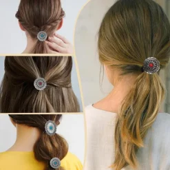 6 PCS Metal Western Style Ponytail Holders Boho Hair Ties Flower Circular Hair Ropes Vintage Squash Blossom Hairs Rope Vintage Turquoise Concho Squash Blossom Hairs Bands for Women Girls