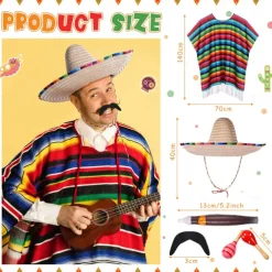 6 Pcs Mexico Costume Set Including Sombrero Hat Mexico Poncho Fake Mustache Colorful Maracas and Stick Prop for Adults Men Women Cinco De Mayo Outfit Fiesta Event Party