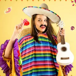 6 Pcs Mexico Costume Set Including Sombrero Hat Mexico Poncho Fake Mustache Colorful Maracas and Stick Prop for Adults Men Women Cinco De Mayo Outfit Fiesta Event Party