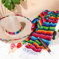6 Pcs Mexico Costume Set Including Sombrero Hat Mexico Poncho Fake Mustache Colorful Maracas and Stick Prop for Adults Men Women Cinco De Mayo Outfit Fiesta Event Party