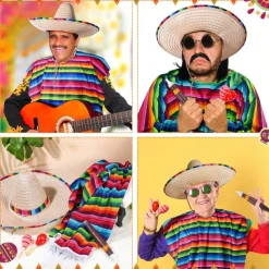 6 Pcs Mexico Costume Set Including Sombrero Hat Mexico Poncho Fake Mustache Colorful Maracas and Stick Prop for Adults Men Women Cinco De Mayo Outfit Fiesta Event Party